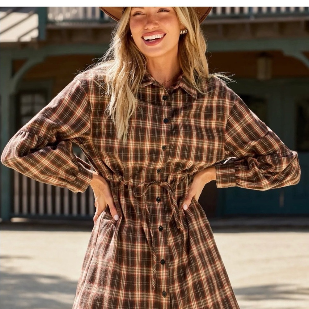 CUPSHE XL NWOT Plaid Brown Button-Front Shirt Dress with Drawstring Waist